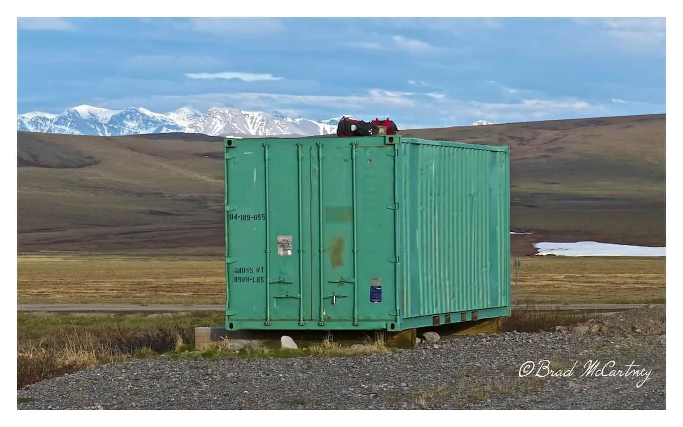 Shipping container on the side of the road makes a great place to store food away from bears!