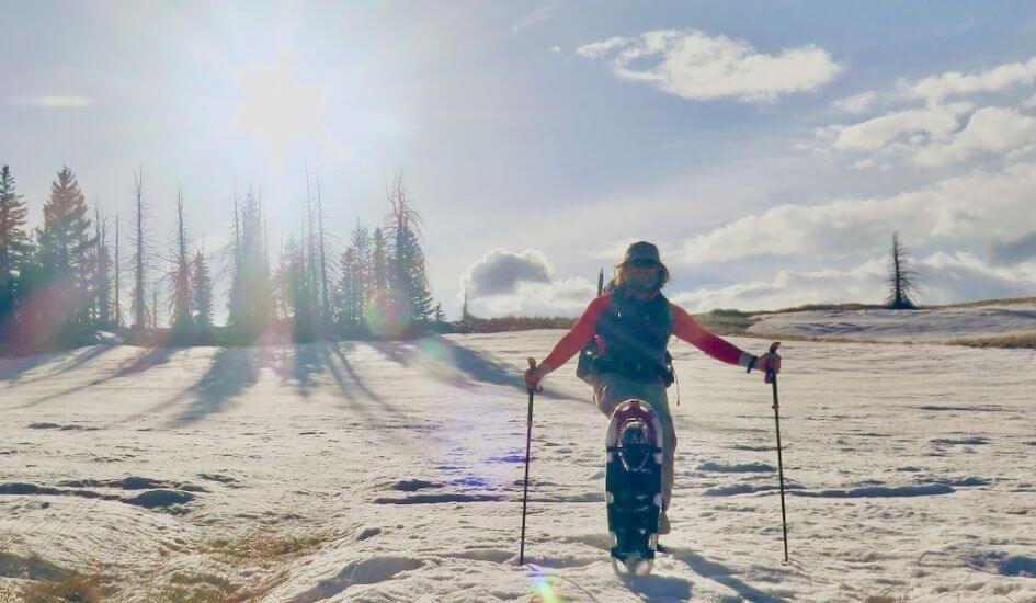 Gear test of snowshoes on hard packed New Mexico mountain snow