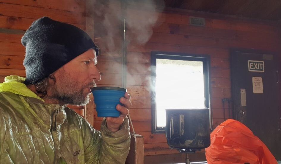 Backpacking instant coffee testing in a mountain hut