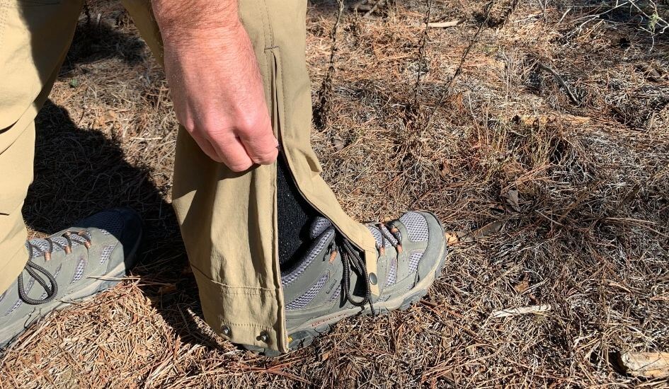 Zips on bottom of hiking pants allow you to keep your shoes and boots on when fitting